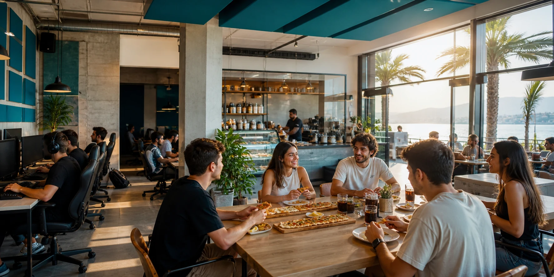 Bright coastal cyber cafe in Antalya with PCs and a communal food table