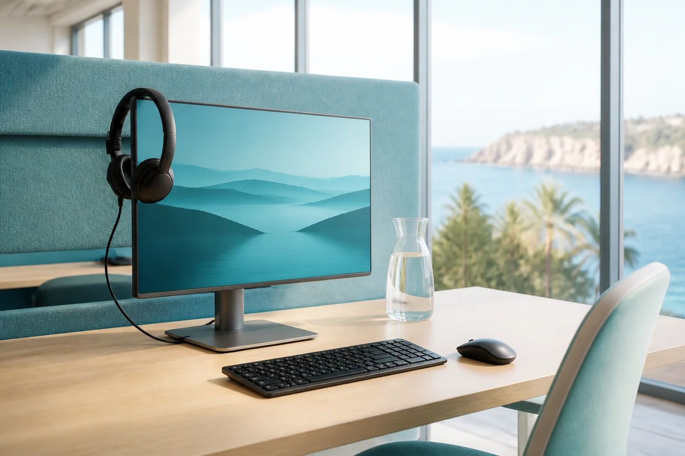 Bright coastal PC station with headset and water in Antalya
